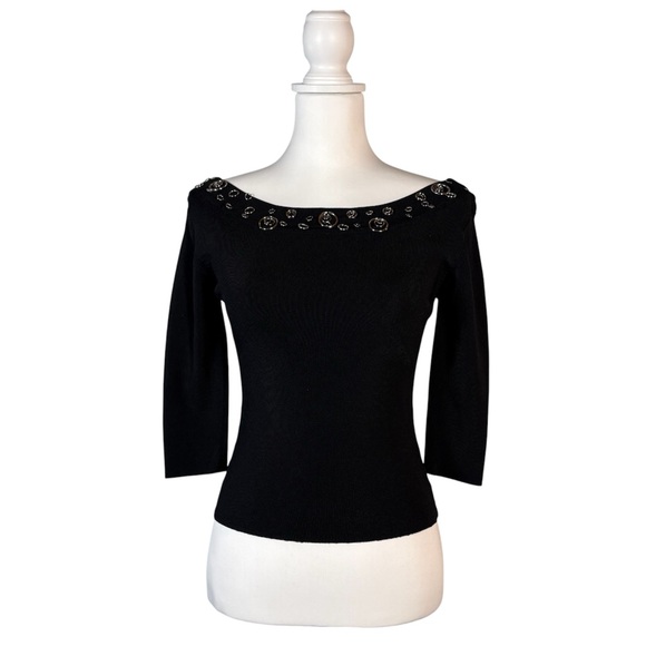 Vintage Tops - 90s y2k Black Stretch Top Women’s M Petite Boat Neck 3/4 Sleeve Goth Glam Edgy